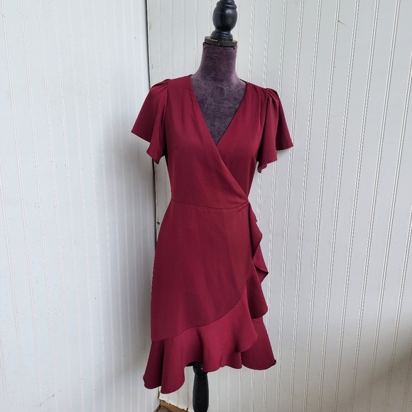 Lucy Paris Burgundy Red Wrap Dress Ruffle Apron Fit n Flare Flatter Women's XS - Picture 1 of 12